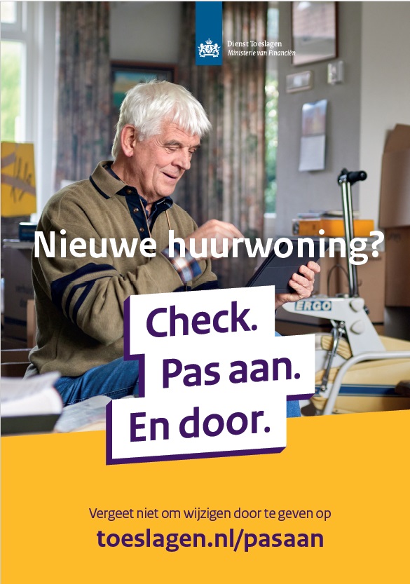 Voorbeeld van een abri met een campagne in de nieuwe kleuren van Dienst Toeslagen