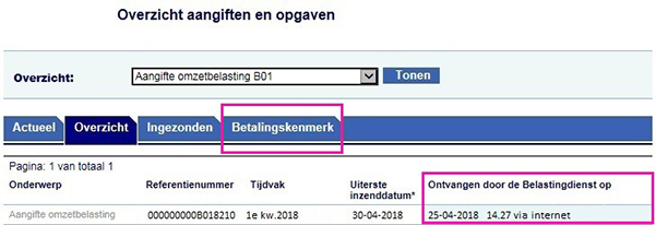 Schermafdruk Overzicht aangiften en opgaven op Inloggen voor ondernemers