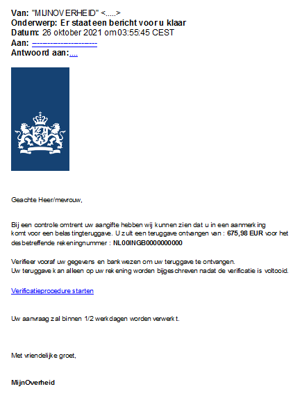 Afbeelding van de valse e-mail. Onder de afbeelding staat de uitgeschreven tekst van de e-mail.