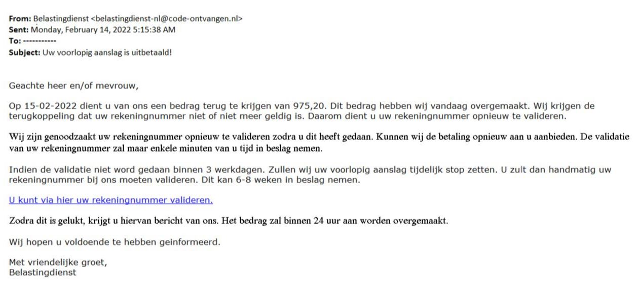 Afbeelding van de valse e-mail. Onder de afbeelding staat de uitgeschreven tekst van de e-mail.